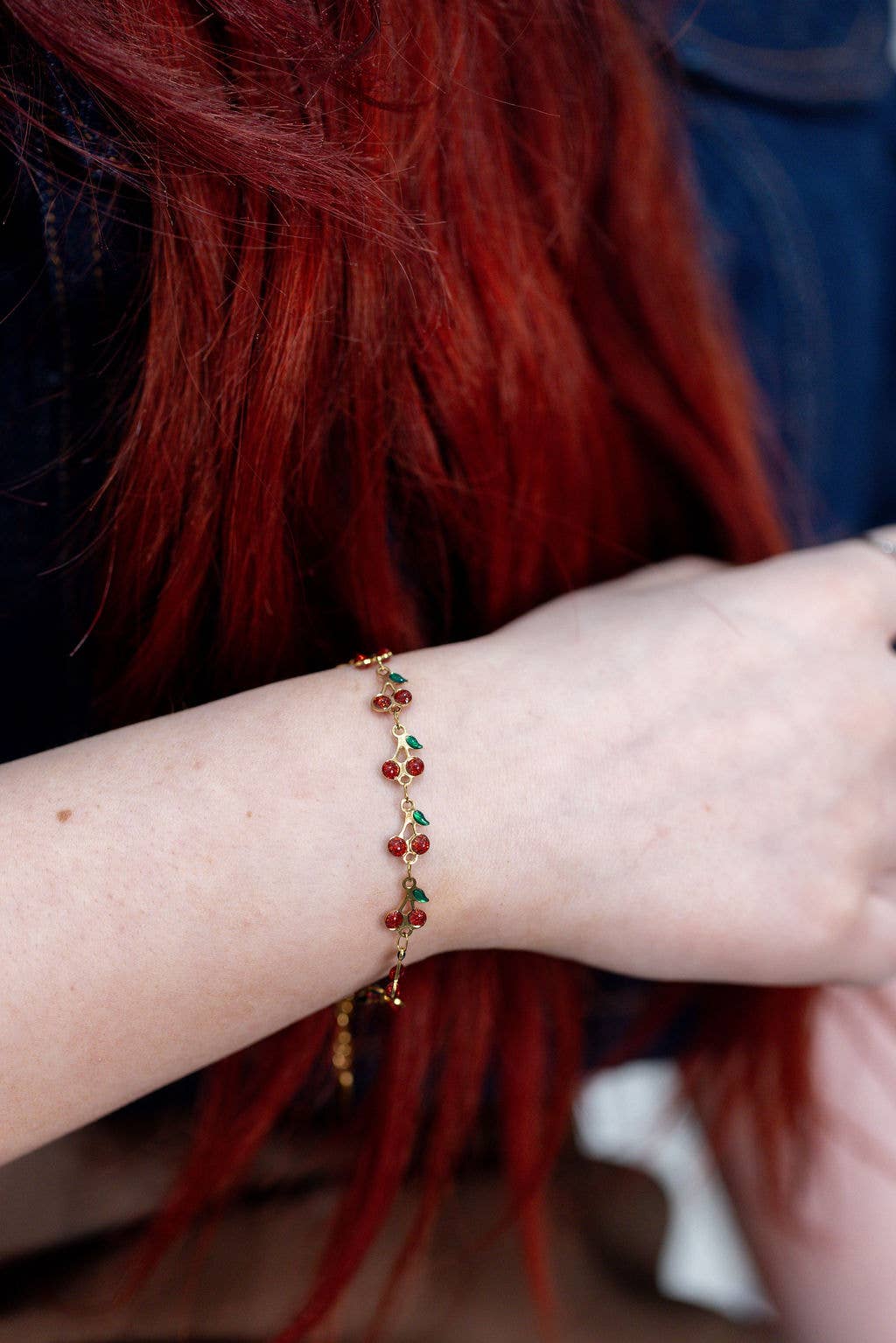 Glitter Cherry Link Bracelet in Red & Gold - Robins & Roses, Eccleshall