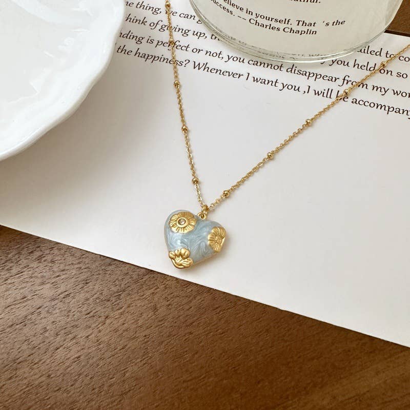 Flowered Heart Pendant Necklace in Pale Blue & Gold - Robins & Roses, Eccleshall
