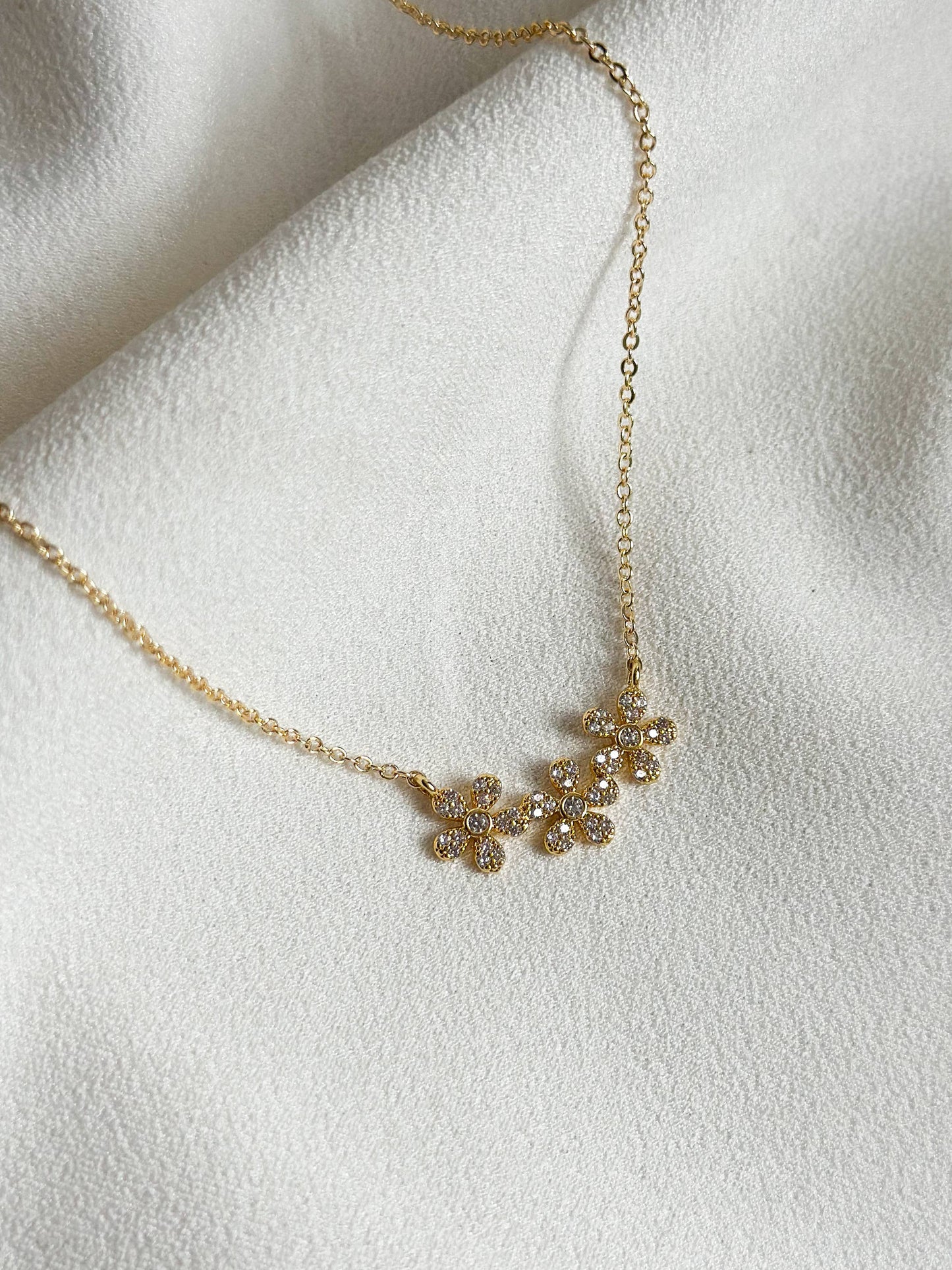 18K Gold Dainty CZ Encrusted Triple Flower Necklace - Robins & Roses, Eccleshall