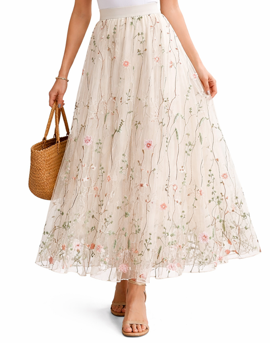 Embroidered Meadow Tulle Skirt in Cream