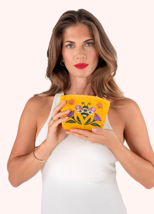 Powder Embroidered Velvet Mini Pouch - Brilliant Bumblebee - Robins & Roses, Eccleshall