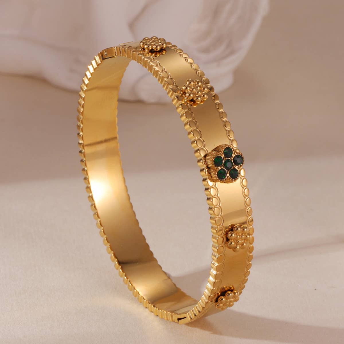 Cubic Zirconia Flower Bangle in Green & Gold - Robins & Roses, Eccleshall
