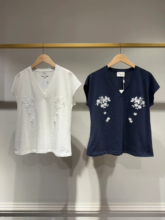 Choklate Paris Embroidered Cotton V-Neck T-Shirt