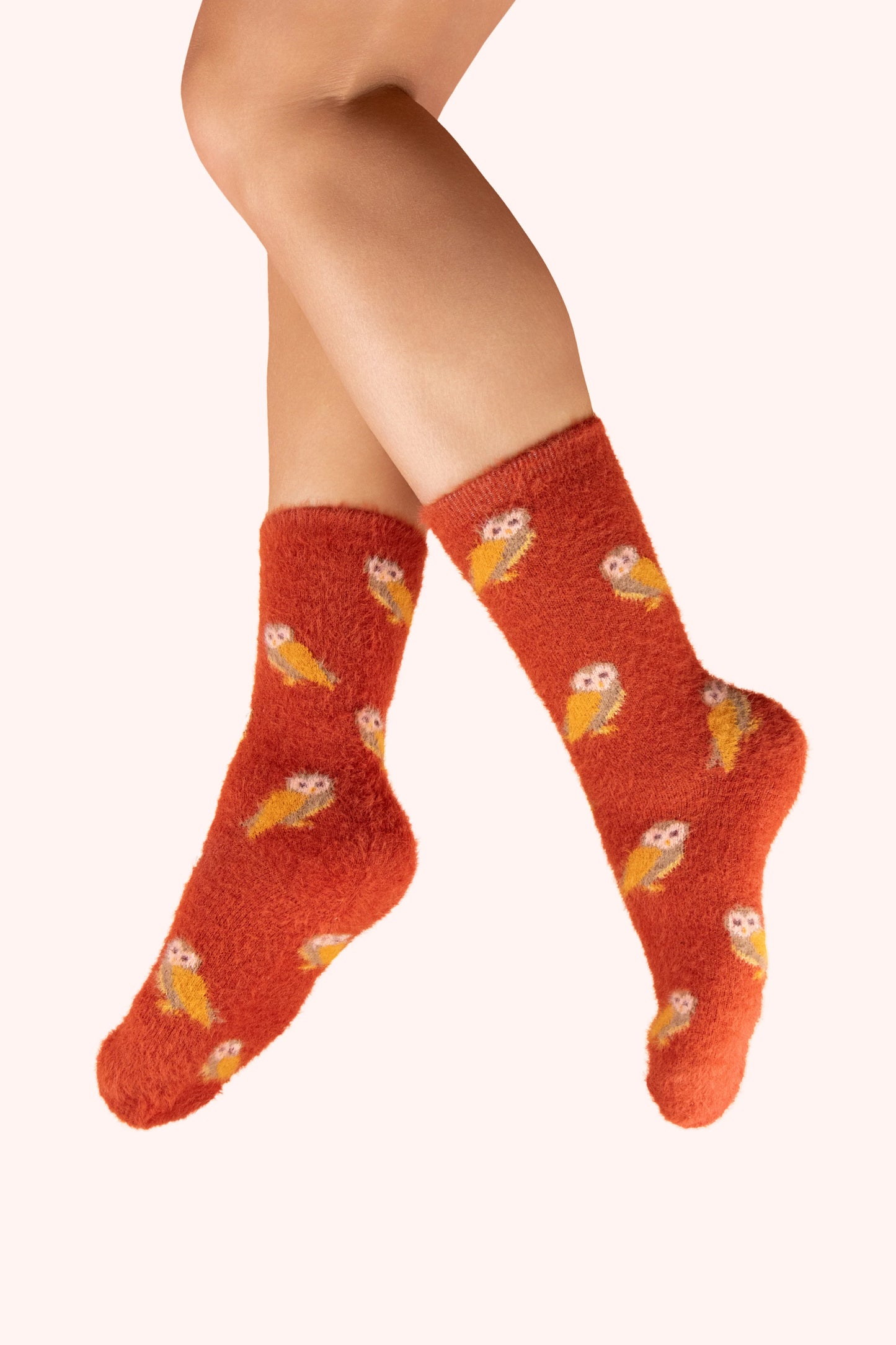 Fuzzy Socks - Mini Owls, Tangerine