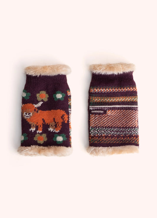 Powder Highland Cow Wrist Warmers, Damson - Robins & Roses, Eccleshall