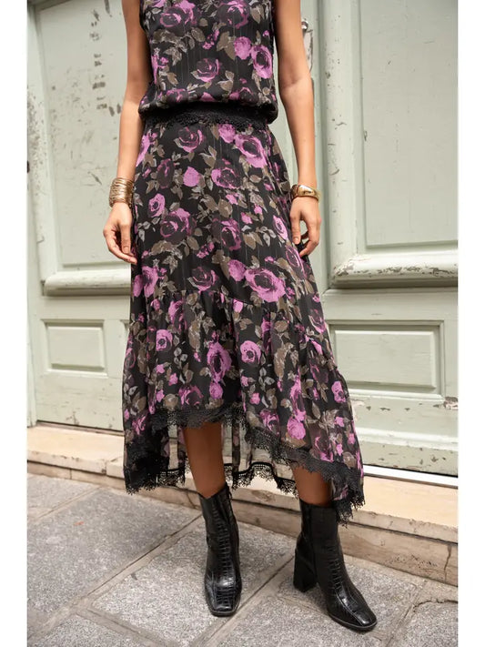 Floral Pattern Skirt with Purple Roses