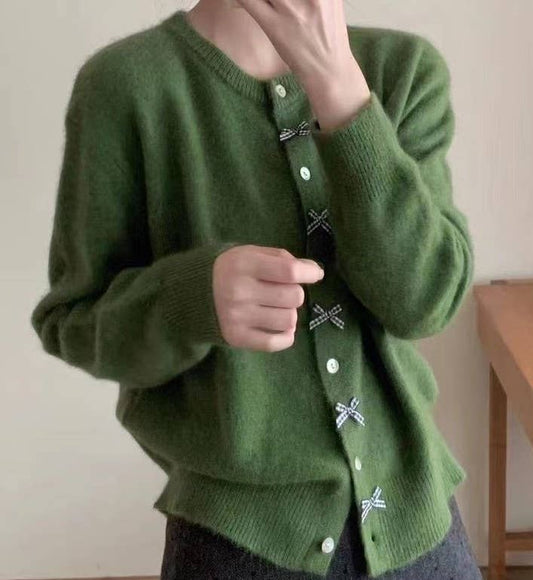 Gingham Bow Detail Cardigan in Green