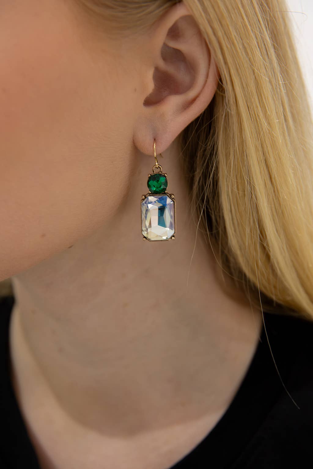 Twin Gem Earring in Clear & Emerald Green - Robins & Roses, Eccleshall
