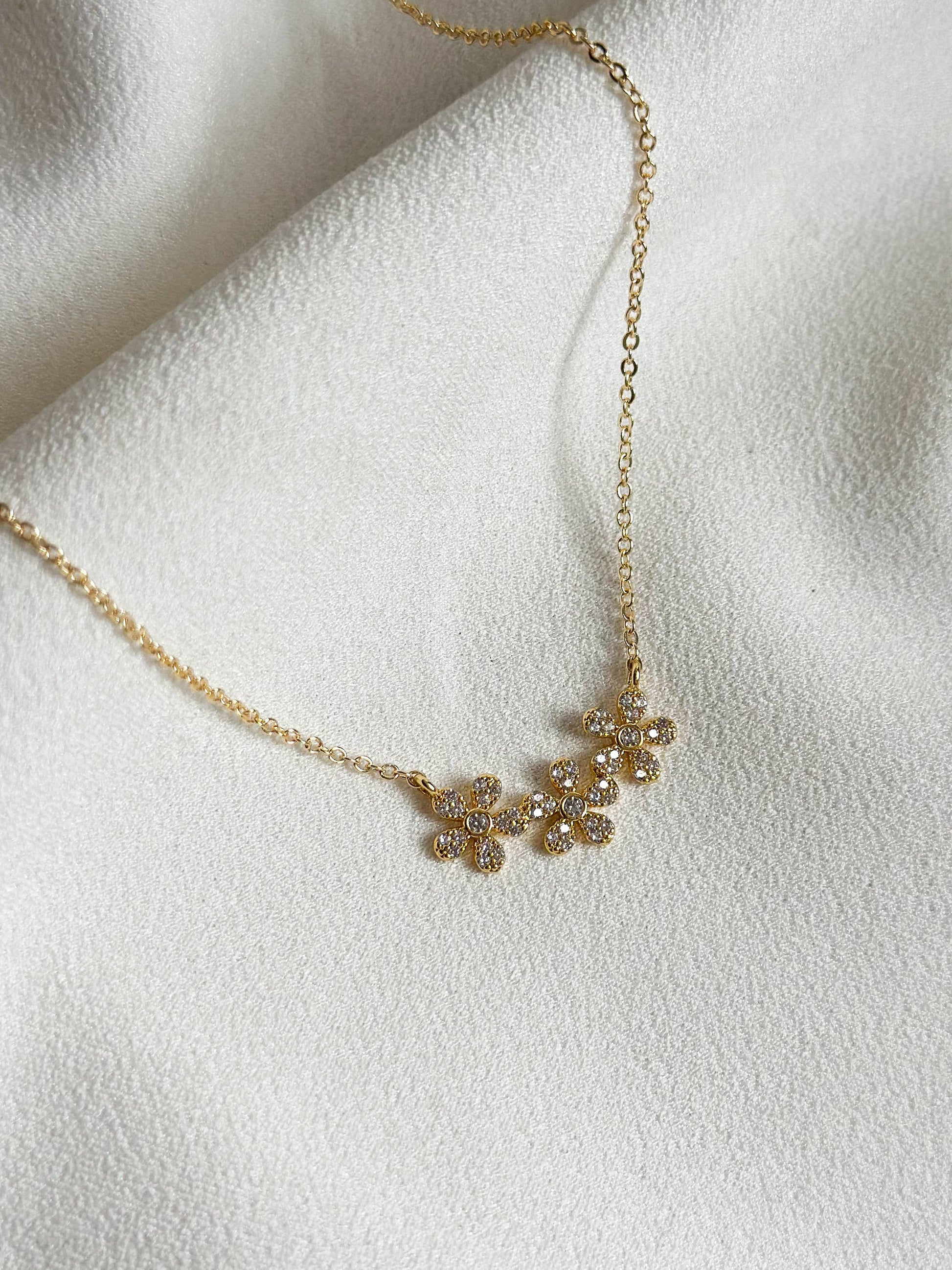 18K Gold Dainty CZ Encrusted Triple Flower Necklace - Robins & Roses, Eccleshall