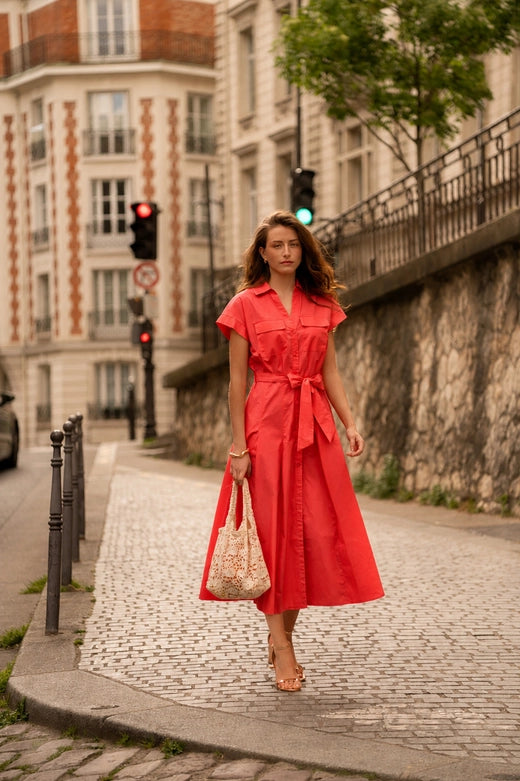 Choklate Paris Cotton Shirt Dress in Coral - Robins & Roses, Eccleshall