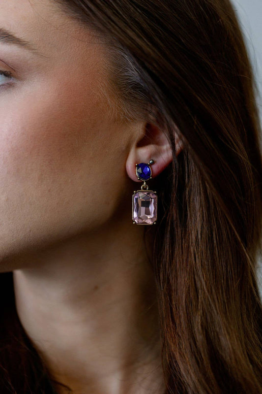 Oval Twin Gem Post Earring in Soft Pink & Royal Blue