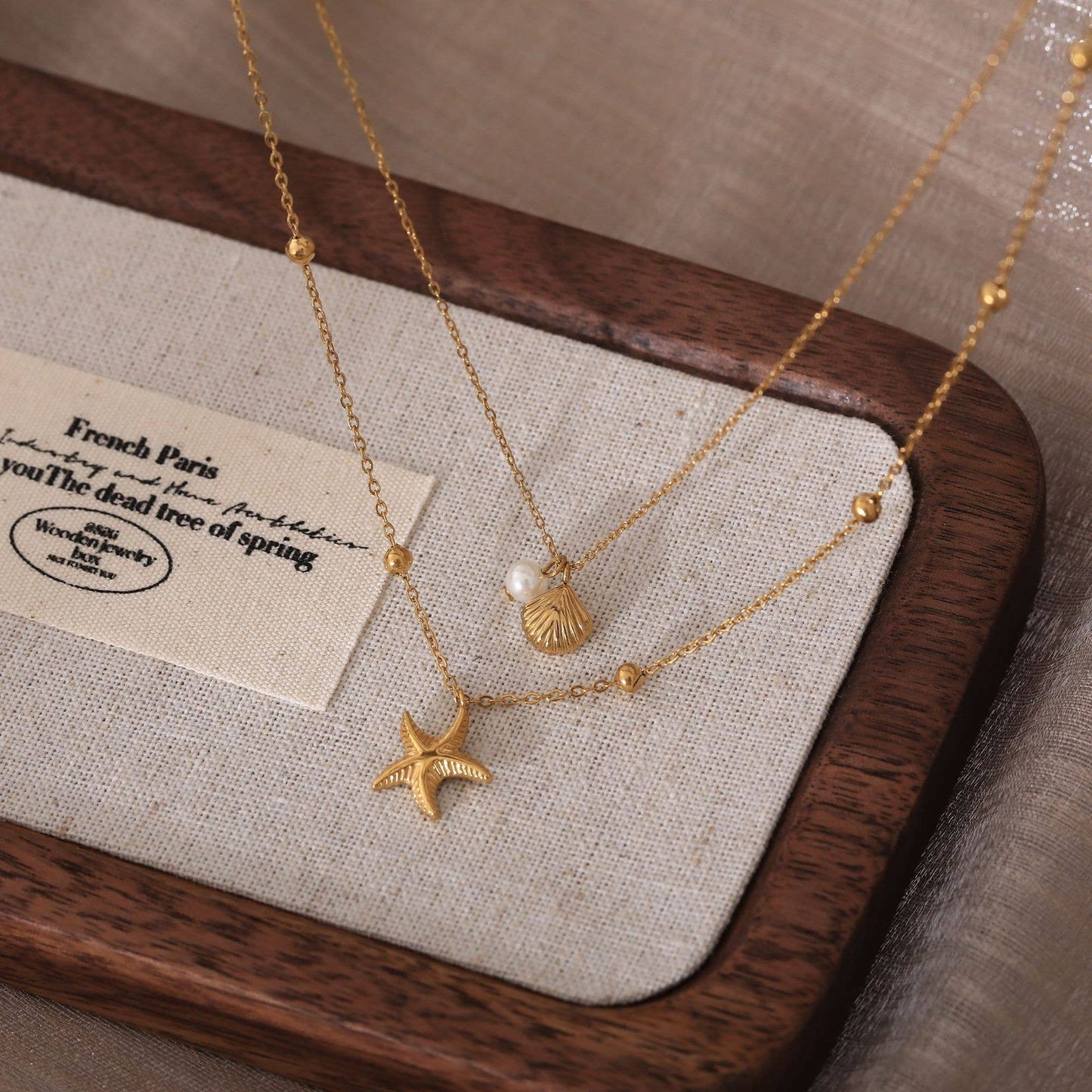 Twin Chain Necklace with Starfish, Shell & Pearl Charms