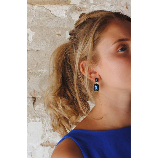 Oval Twin Gem Post Earring in Navy