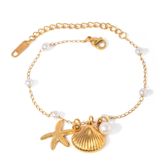 Shell Starfish & Pearl Charm Bracelet in Gold