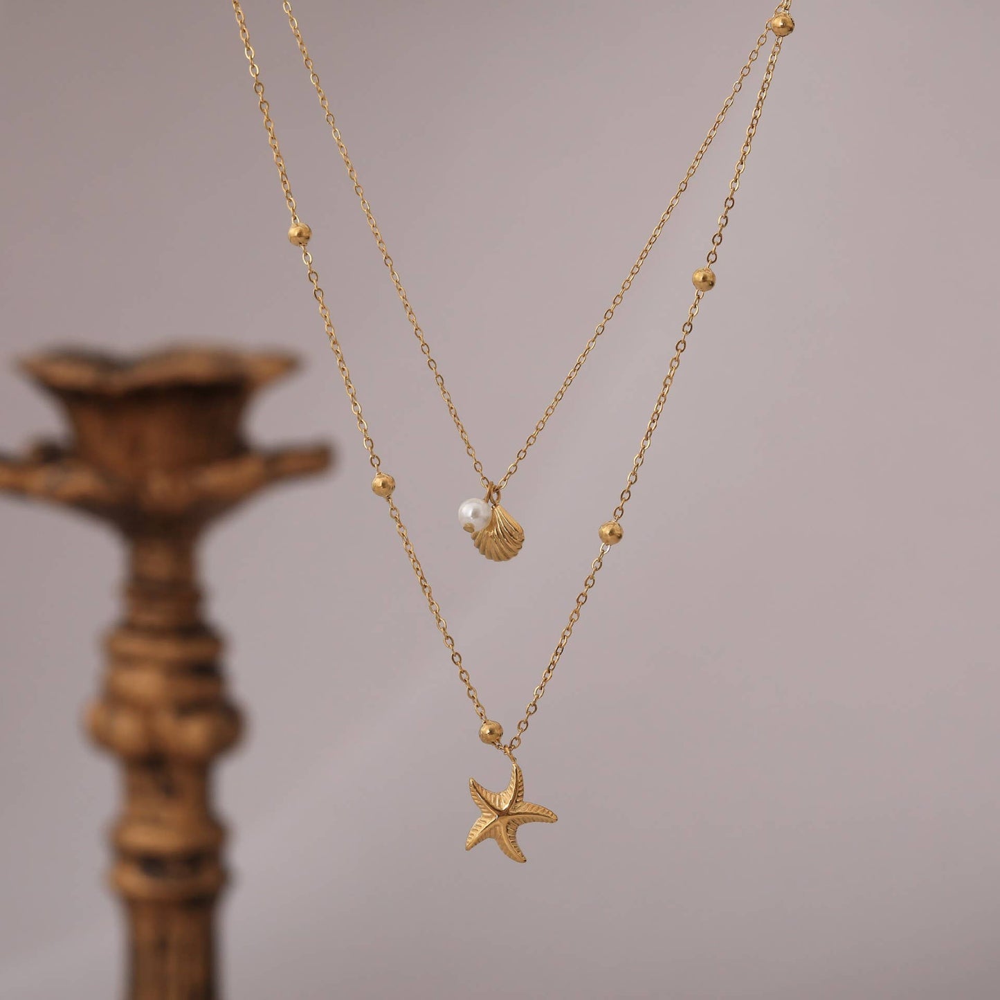 Twin Chain Necklace with Starfish, Shell & Pearl Charms
