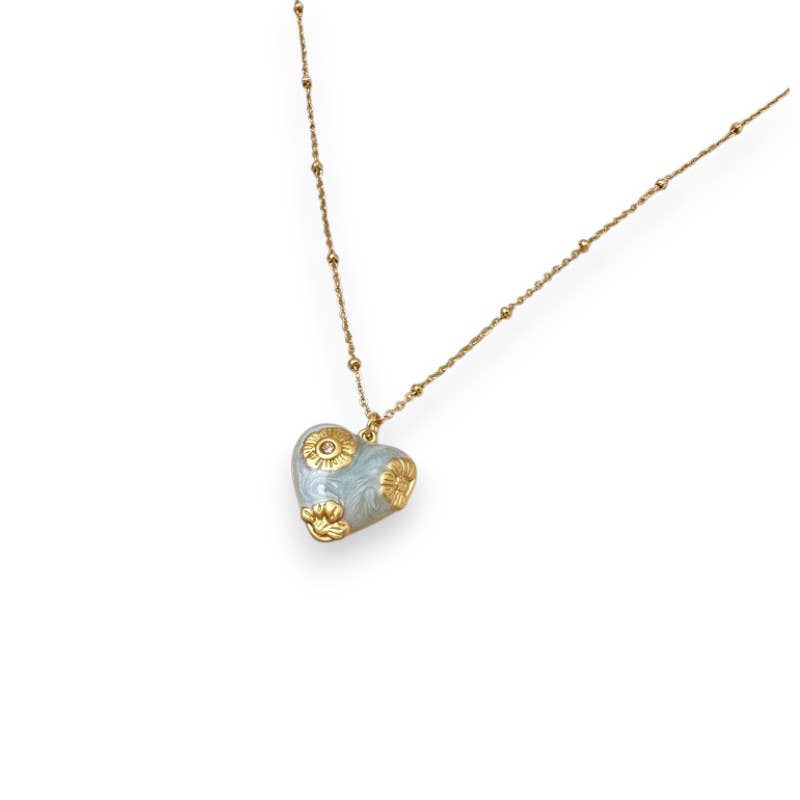 Flowered Heart Pendant Necklace in Pale Blue & Gold - Robins & Roses, Eccleshall