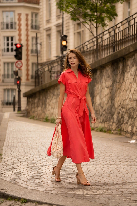 Choklate Paris Cotton Shirt Dress in Coral - Robins & Roses, Eccleshall