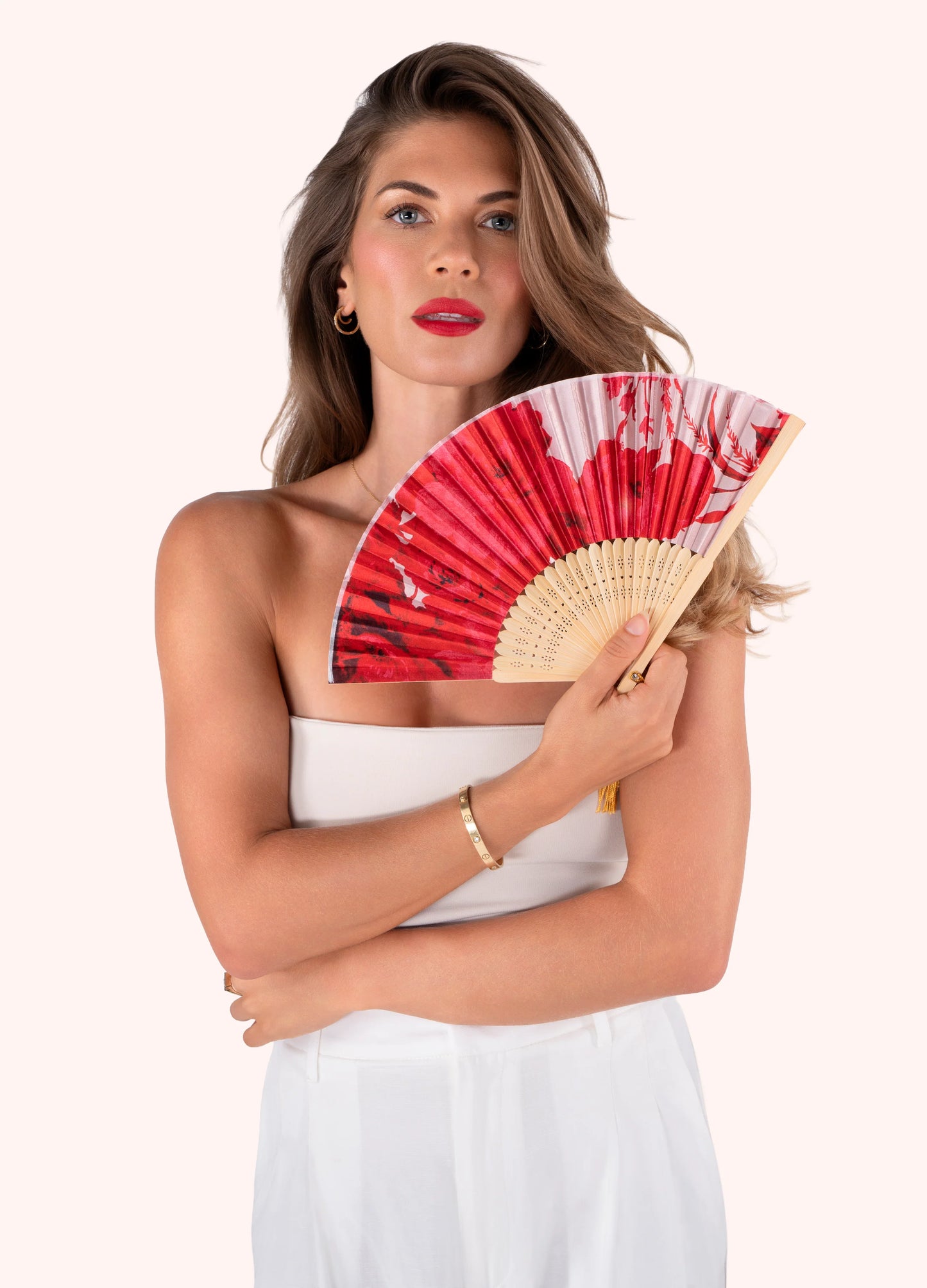 Powder Satin Fan - Rouge Blooms - Robins & Roses, Eccleshall