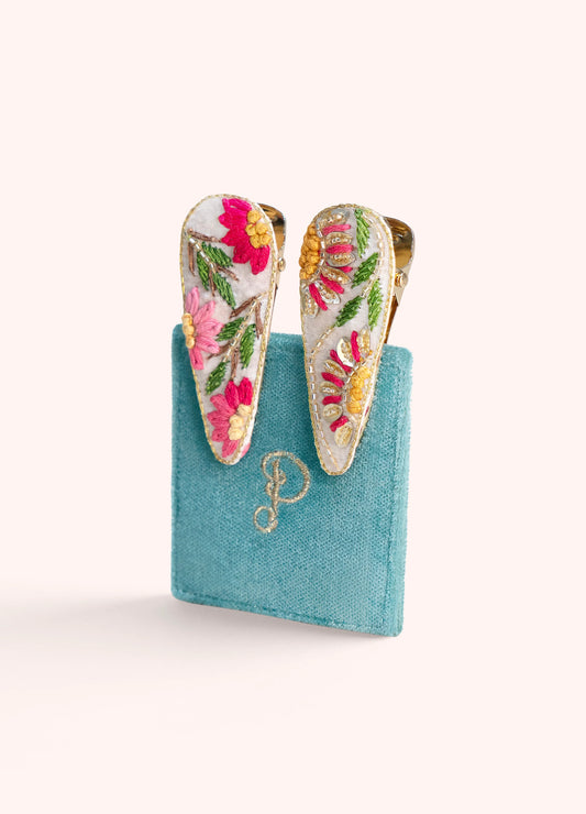 Powder Jewelled Hair Clips - Cream Flora - Robins & Roses, Eccleshall