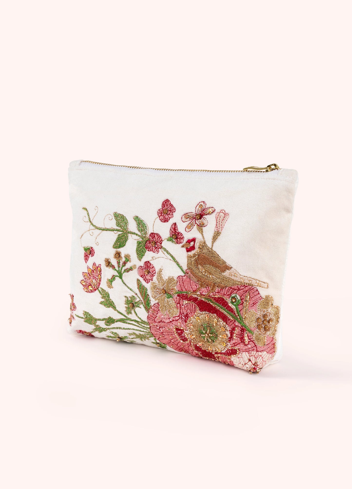 Powder Mid Sized Embroidered Zip Pouch - Fine Flowers in Cream