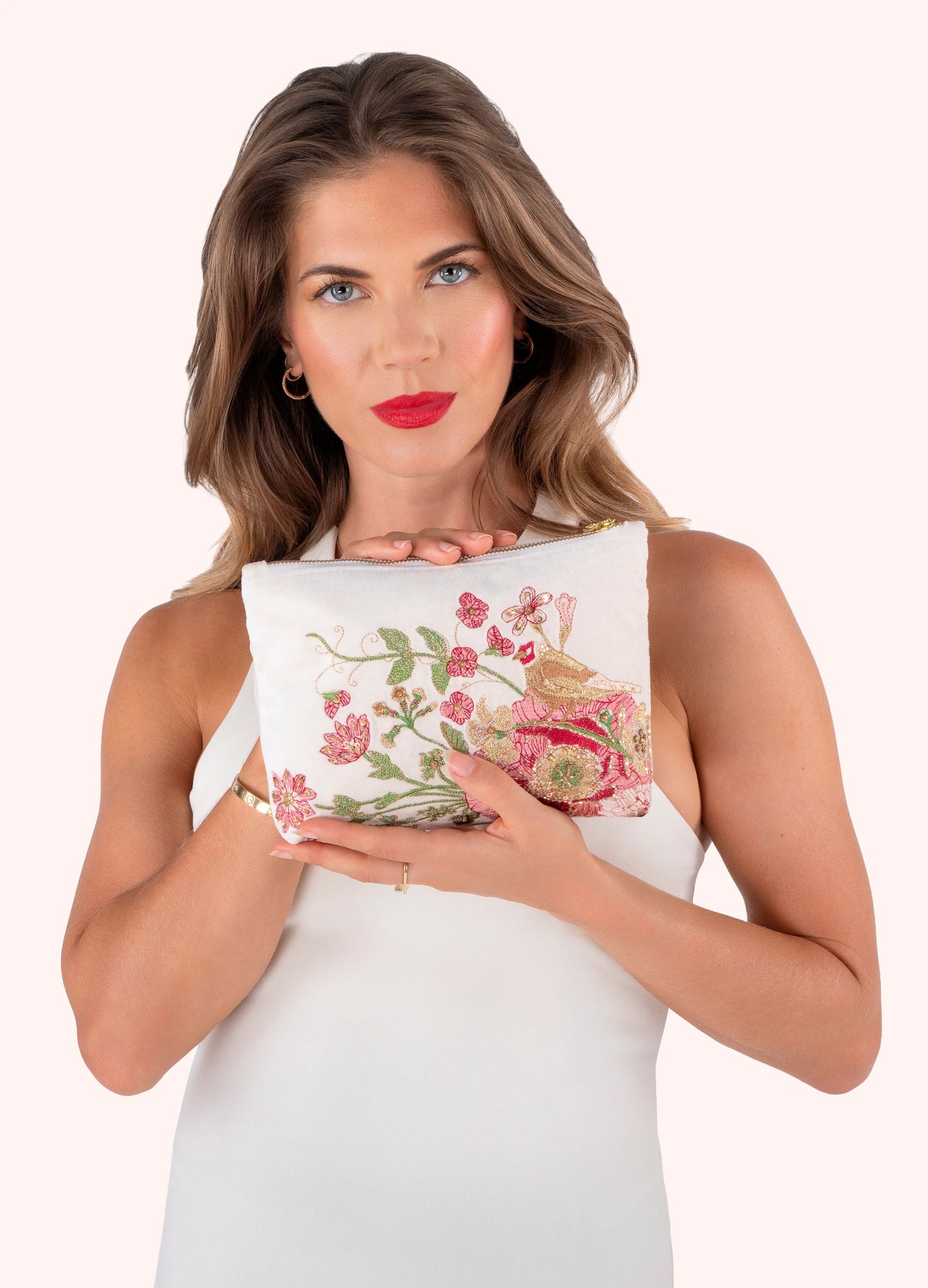 Powder Mid Sized Embroidered Zip Pouch - Fine Flowers in Cream