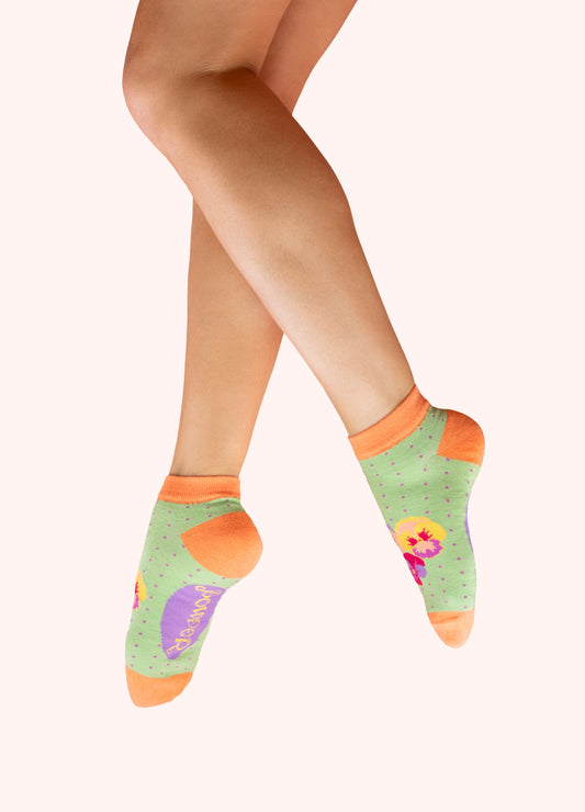 Powder Ladies Trainer Socks - Spring Pansies in Mint - Robins & Roses, Eccleshall