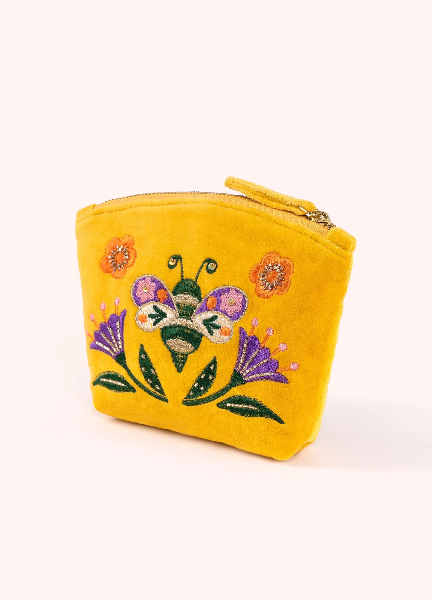Powder Embroidered Velvet Mini Pouch - Brilliant Bumblebee - Robins & Roses, Eccleshall