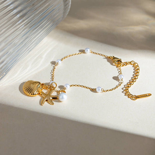 Shell Starfish & Pearl Charm Bracelet in Gold