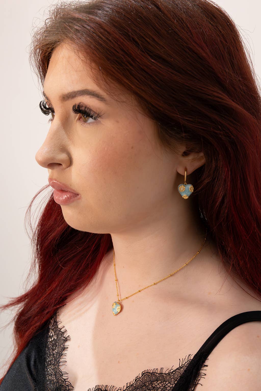Flowered Heart Pendant Necklace in Pale Blue & Gold - Robins & Roses, Eccleshall