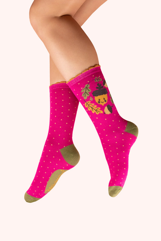 Ankle Socks - Happy Acorn, Fuchsia