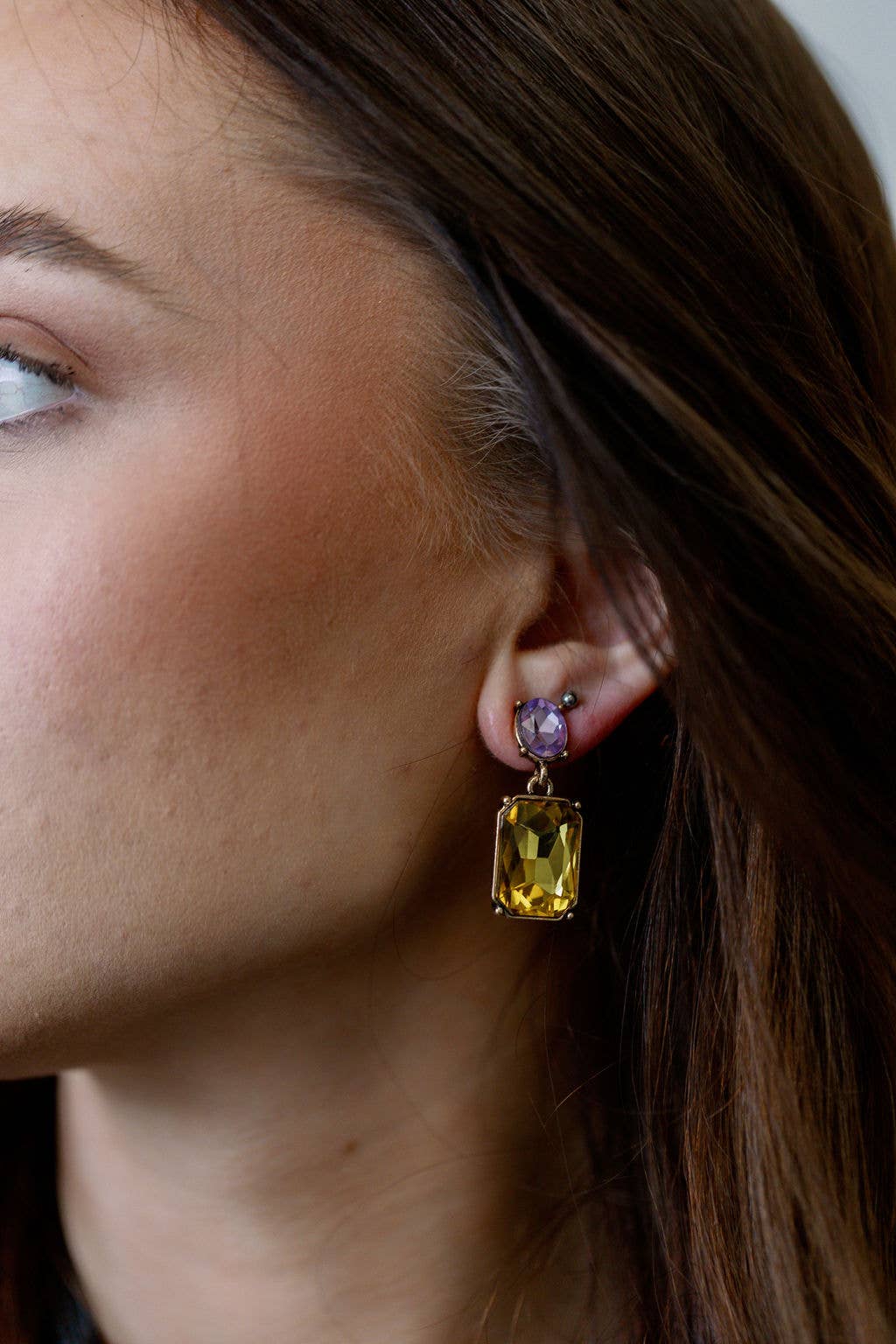 Oval Twin Gem Post Earring in Dark Amber & Violet