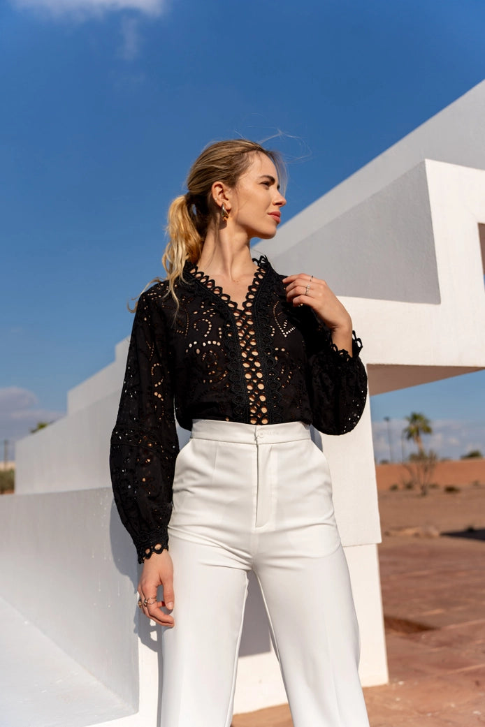 Choklate Paris Camille Blouse in Openwork Cotton V-Neck - Robins & Roses, Eccleshall