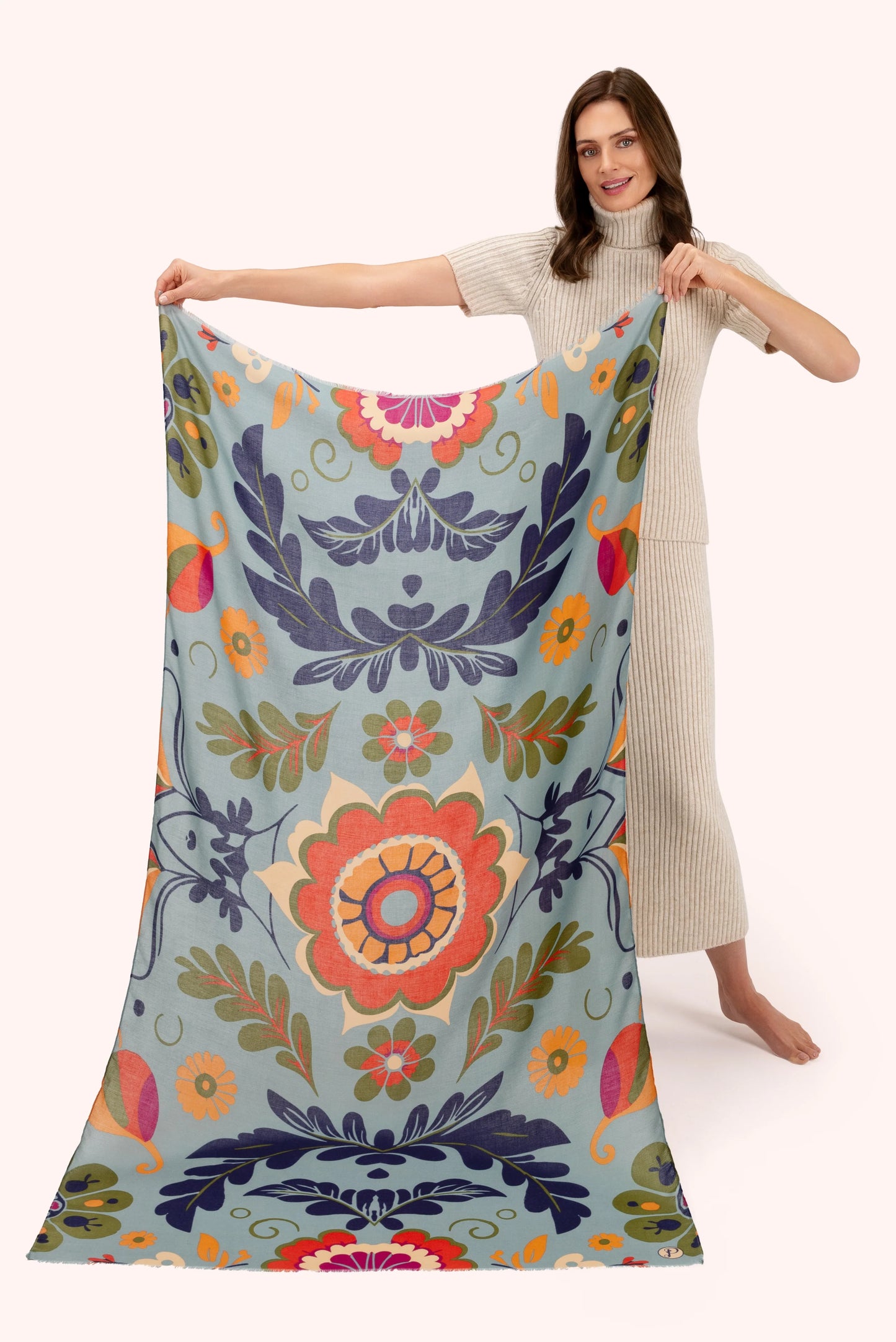 Print Scarf - Folk Floral, Winter Ice