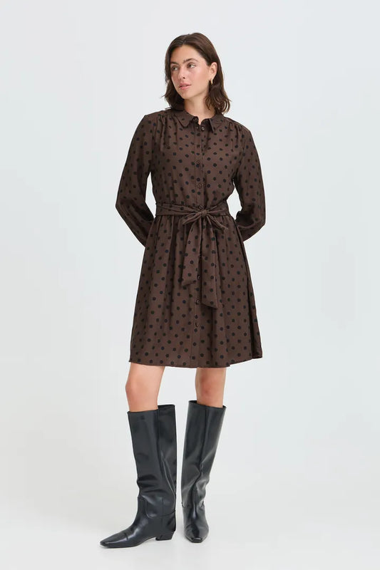 Fransa Brown Dress with Polka Dots