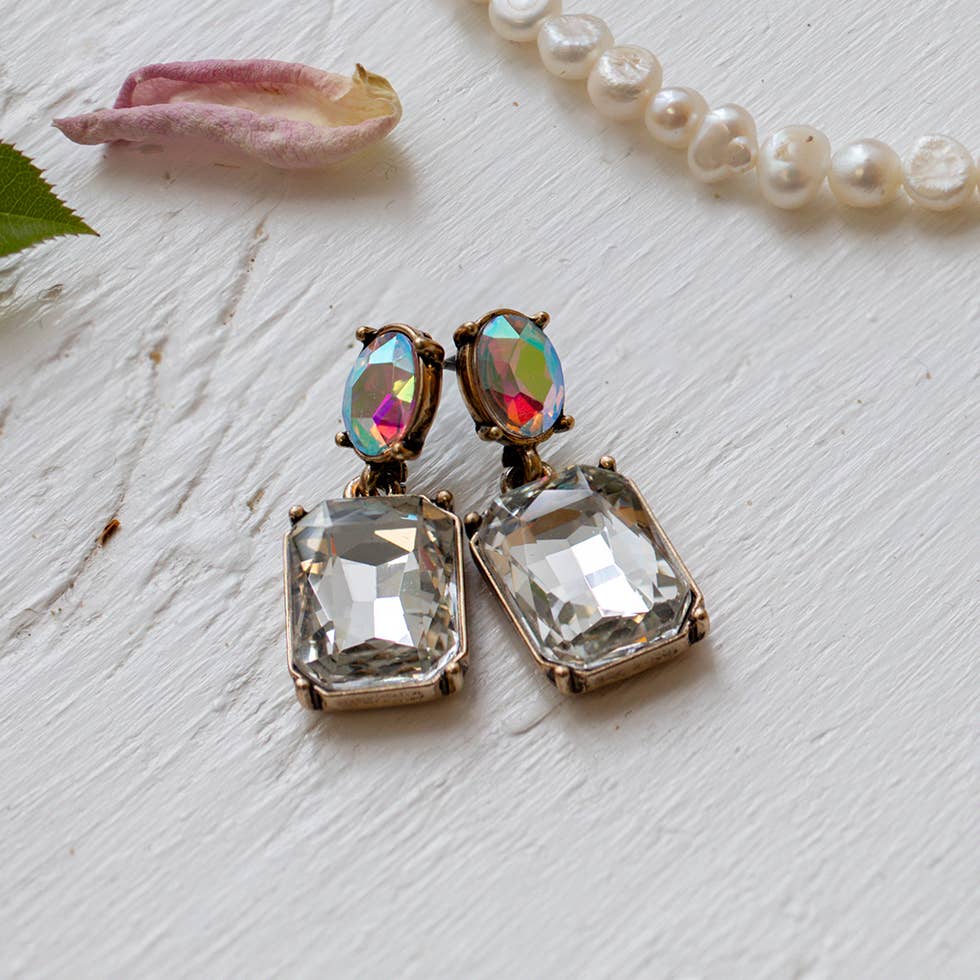 Twin Gem Earring in Clear & Aurora Borealis - Robins & Roses, Eccleshall