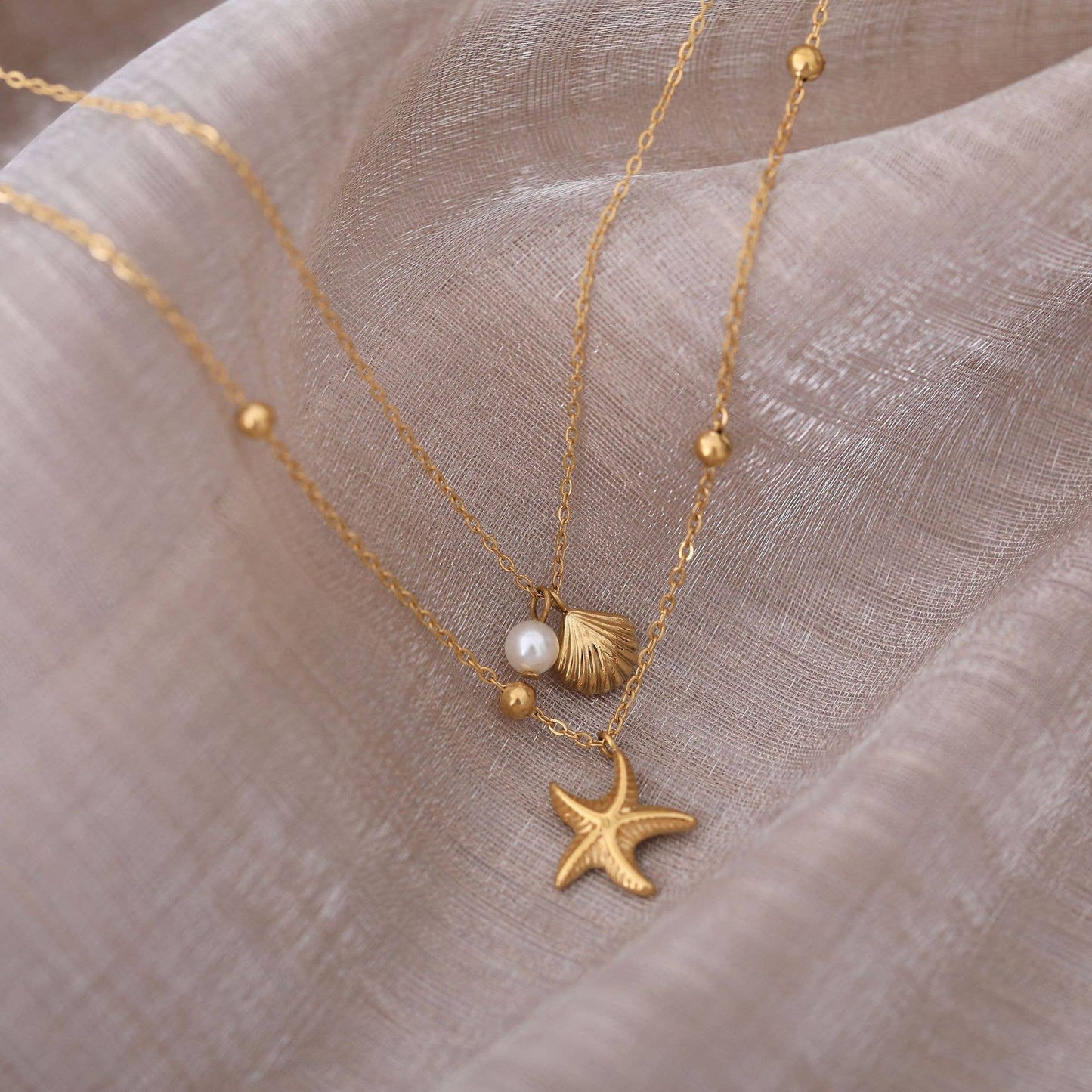 Twin Chain Necklace with Starfish, Shell & Pearl Charms
