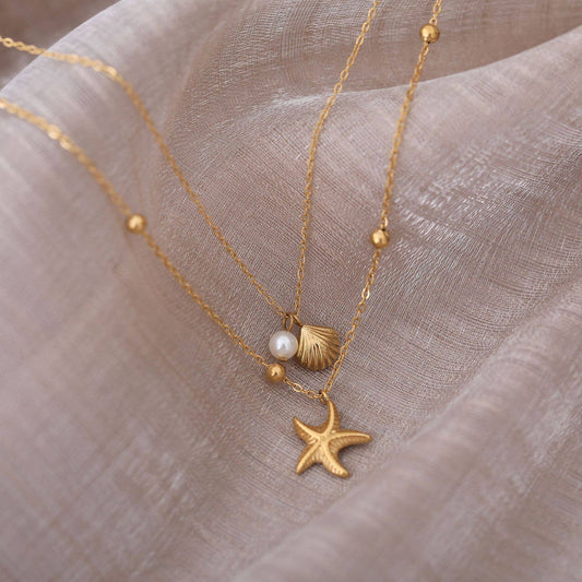 Twin Chain Necklace with Starfish, Shell & Pearl Charms