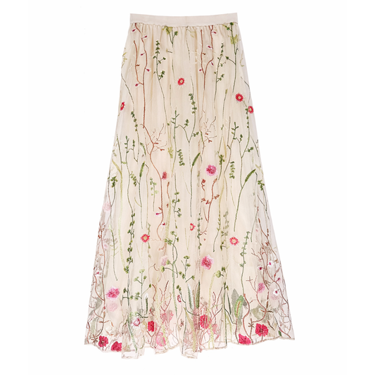 Embroidered Meadow Tulle Skirt in Cream