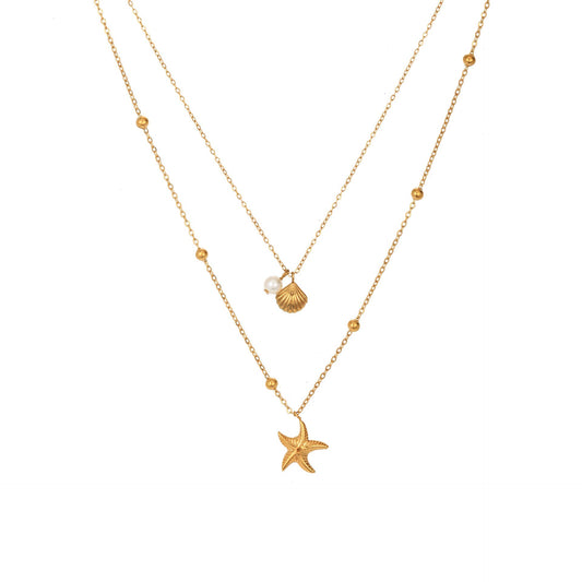 Twin Chain Necklace with Starfish, Shell & Pearl Charms