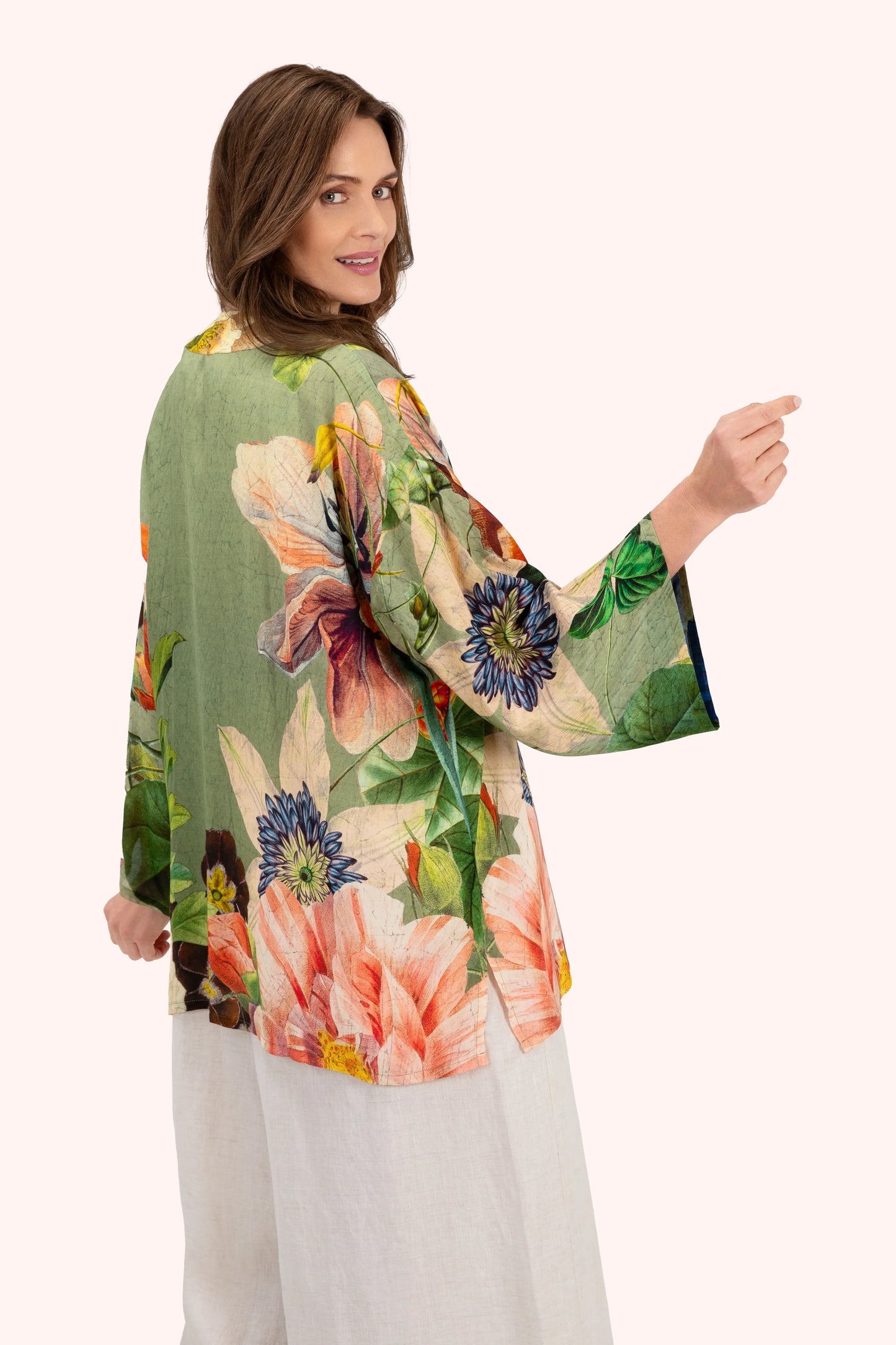 Mid-Length Kimono - Botanical Bouquet, Sage