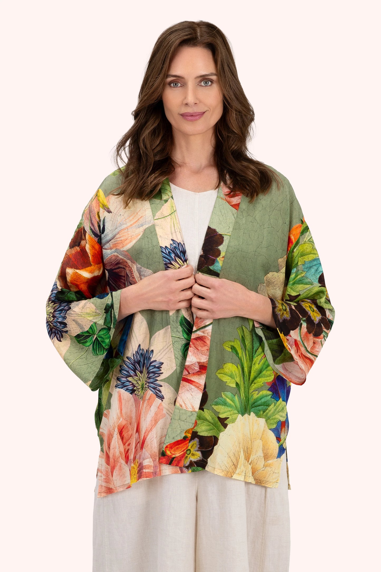 Mid-Length Kimono - Botanical Bouquet, Sage