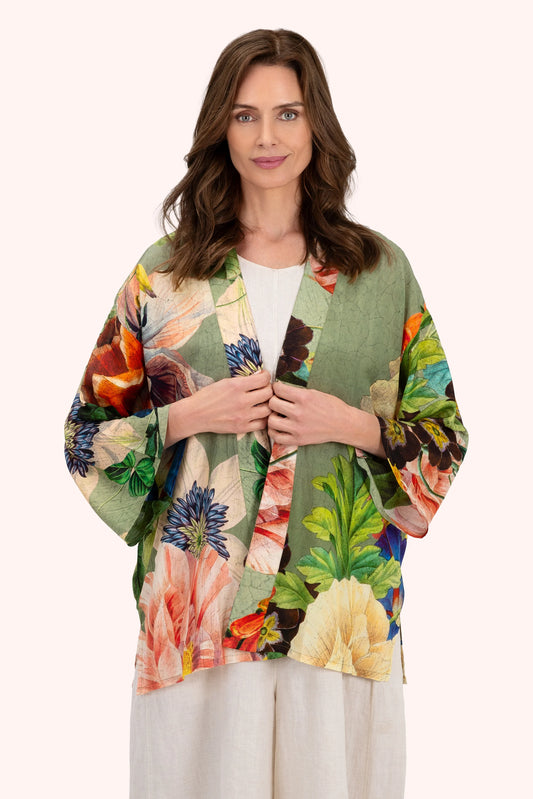 Mid-Length Kimono - Botanical Bouquet, Sage