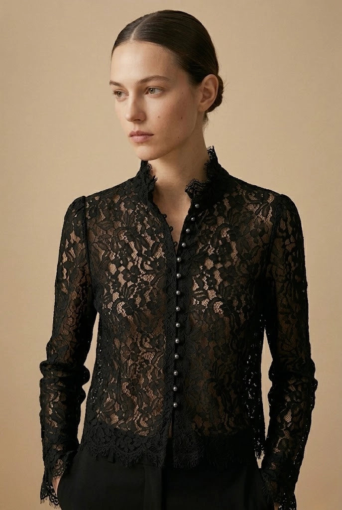 Choklate Paris Lace Blouse with Pearl Buttons - Robins & Roses, Eccleshall