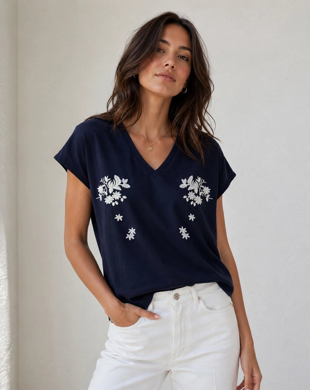 Choklate Paris Embroidered Cotton V-Neck T-Shirt