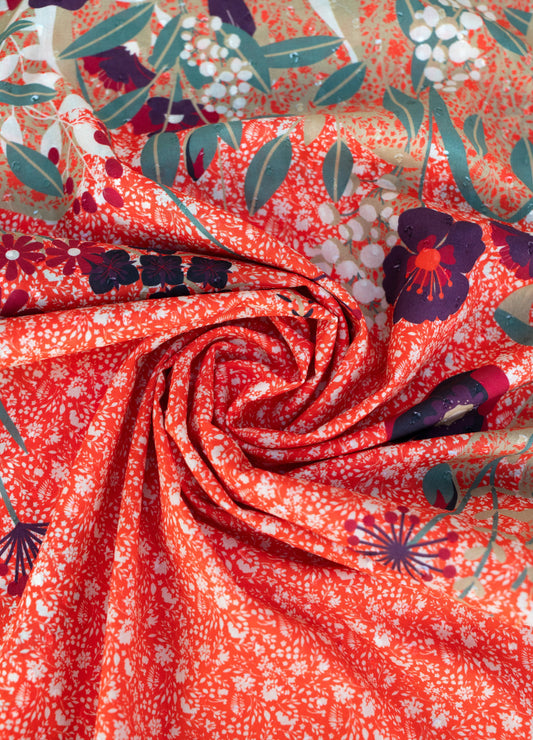 Powder Cotton Poplin Print Scarf - Floral Hedgerow, Tangerine