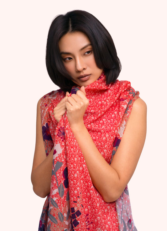 Powder Cotton Poplin Print Scarf - Floral Hedgerow, Tangerine