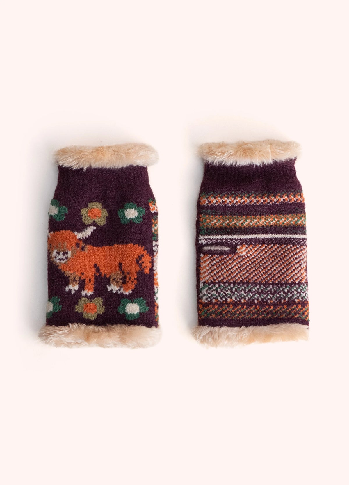 Powder Highland Cow Wrist Warmers, Damson - Robins & Roses, Eccleshall