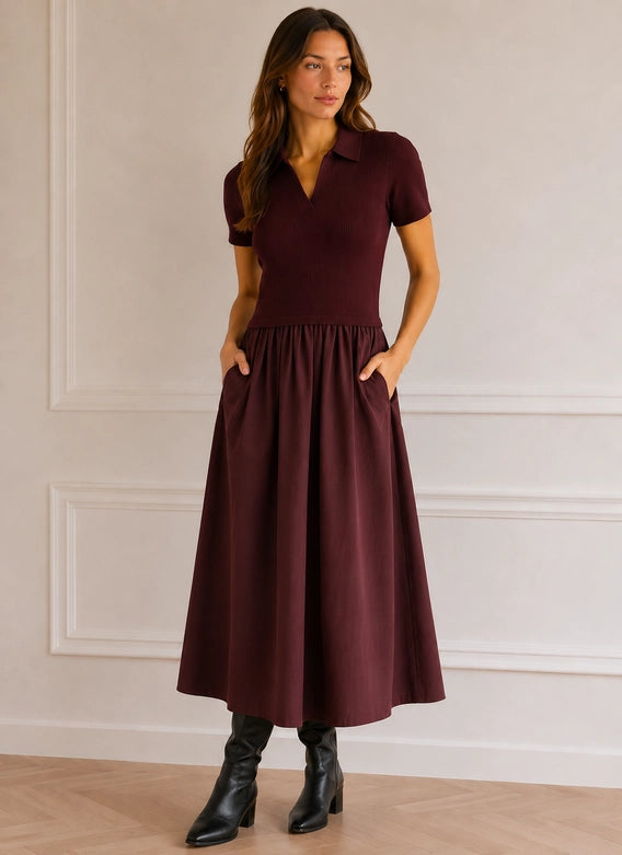 Choklate Two-Tone Taffeta Dress with Short Sleeves in bordeaux - Robins & Roses, Eccleshall